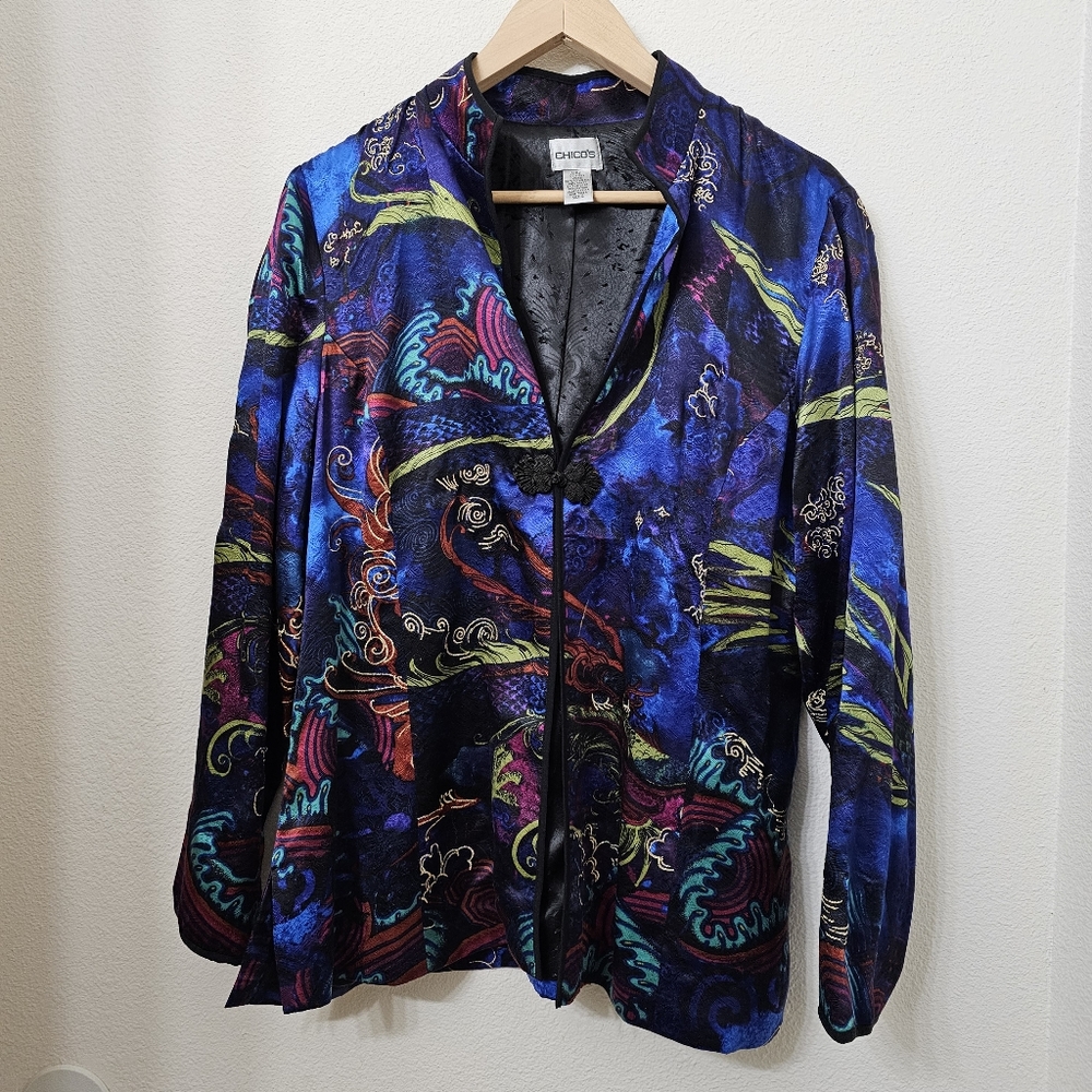 Chico's Sz 2  100% Silk Asian Inspired Dinner Jacket Mandarin Collar